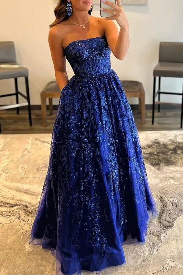 A-line Sequined Lace Long Prom Dress with Pockets BabaMila