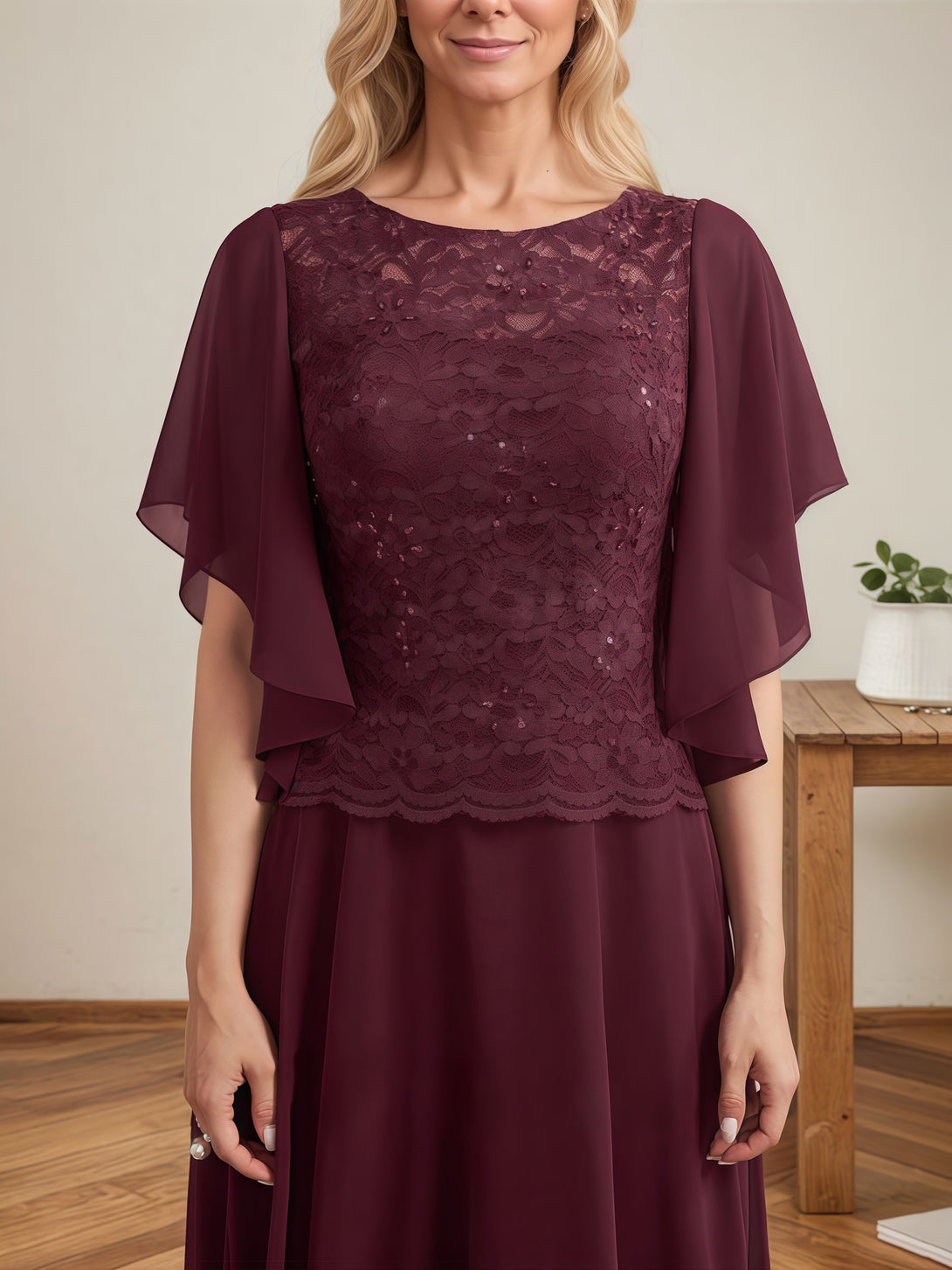 A-Line Boat Neck Flutter Straps Floor-Length Lace/Chiffon Mother of the Bride Dress With Sequins BabaMila