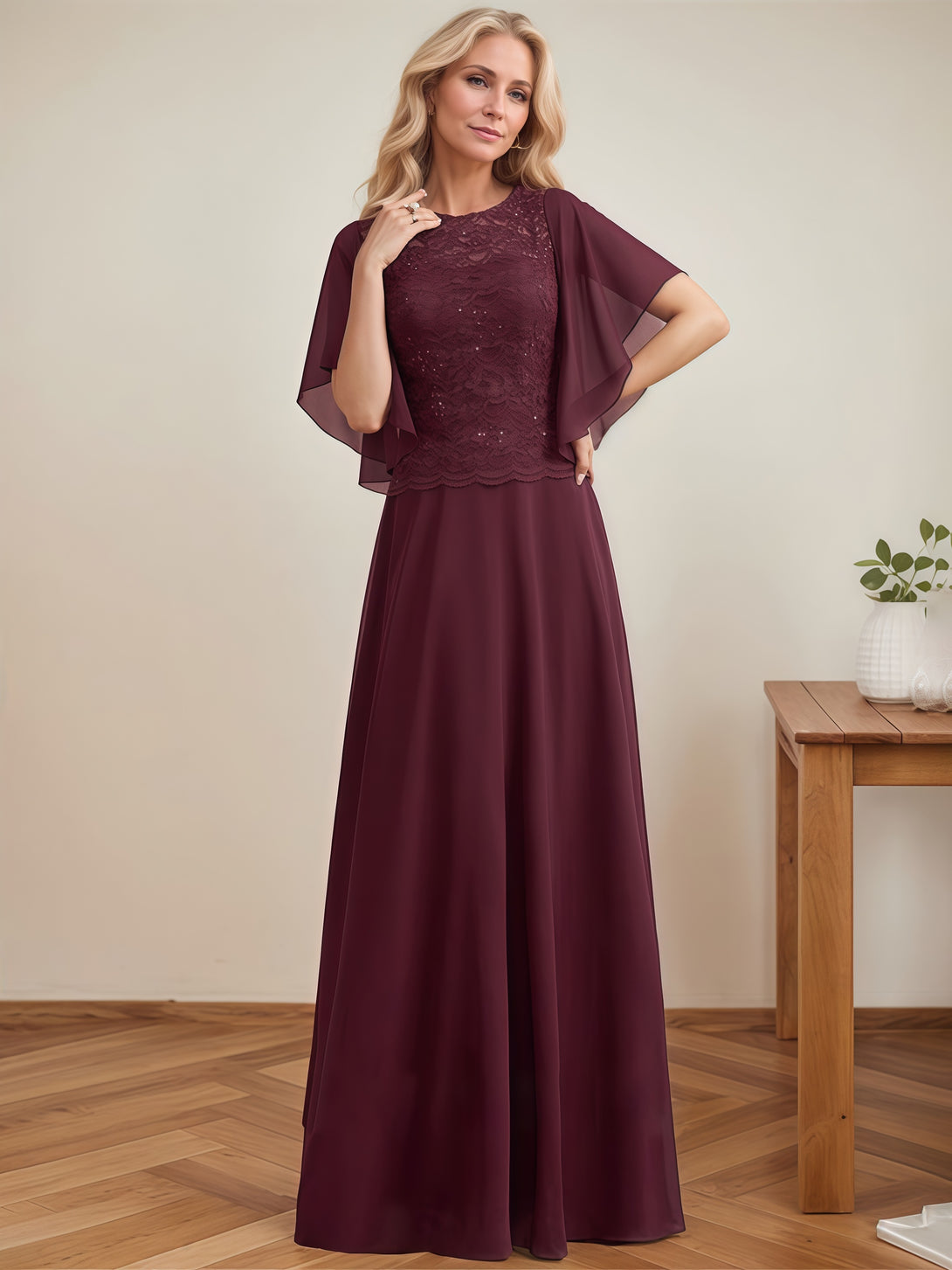 A-Line Boat Neck Flutter Straps Floor-Length Lace/Chiffon Mother of the Bride Dress With Sequins BabaMila