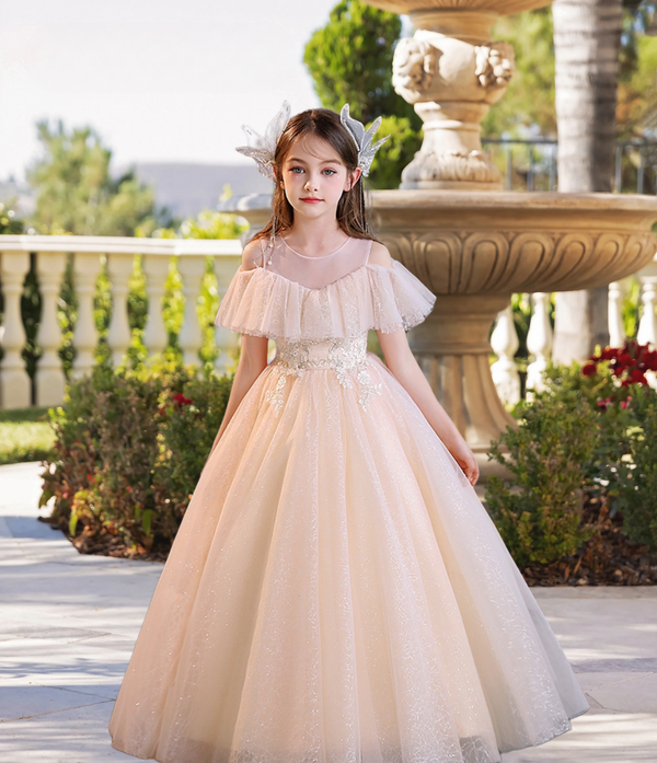 Cold Shoulder Cape Floor-Length Elegant Printed Tulle Girls Birthday Dresses With Appliques Girls Gidiondress