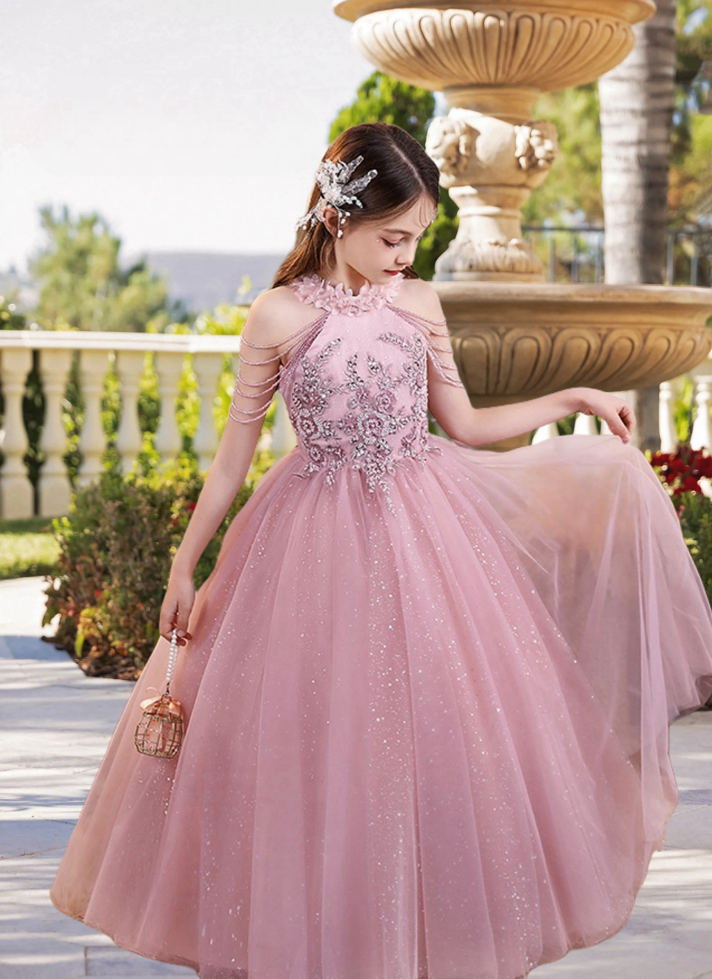 Halter Cold Shoulder Floor-Length Elegant Satin/Tulle Girls Birthday Dresses With Appliques/Beads/3D Flower Girls Gidiondress
