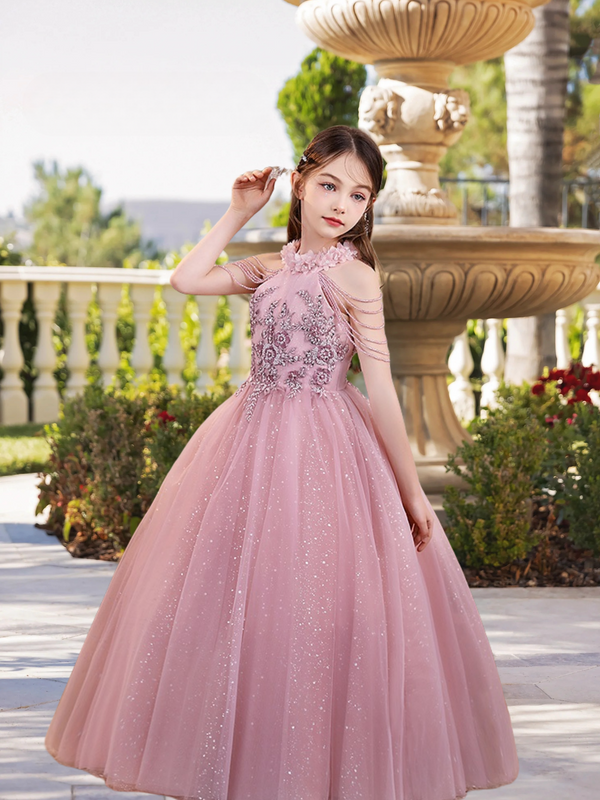 Halter Cold Shoulder Floor-Length Elegant Satin/Tulle Girls Birthday Dresses With Appliques/Beads/3D Flower Girls Gidiondress