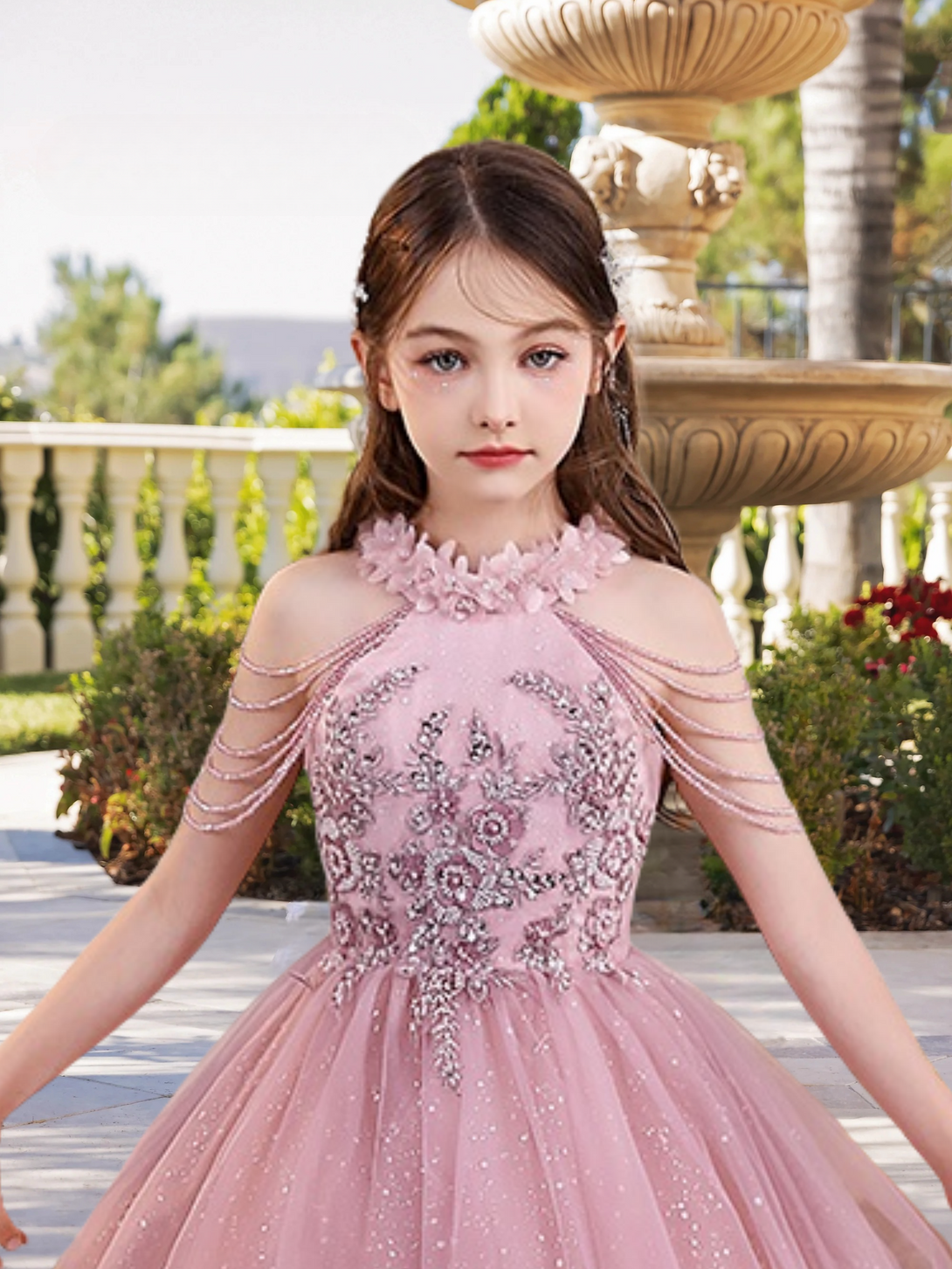 Halter Cold Shoulder Floor-Length Elegant Satin/Tulle Girls Birthday Dresses With Appliques/Beads/3D Flower Girls Gidiondress