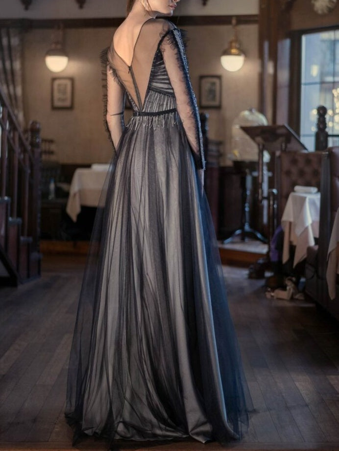 A-Line/Princess Scoop Long Sleeves Floor-Length Evening Dress with Split Side/Pleated/Beads/Ruffles BabaMila