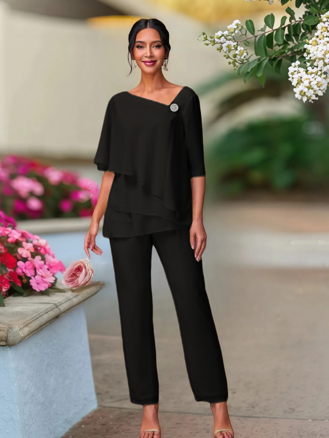 Half Sleeves Chiffon Mother Of The Bride Dress Pant Suits BabaMila