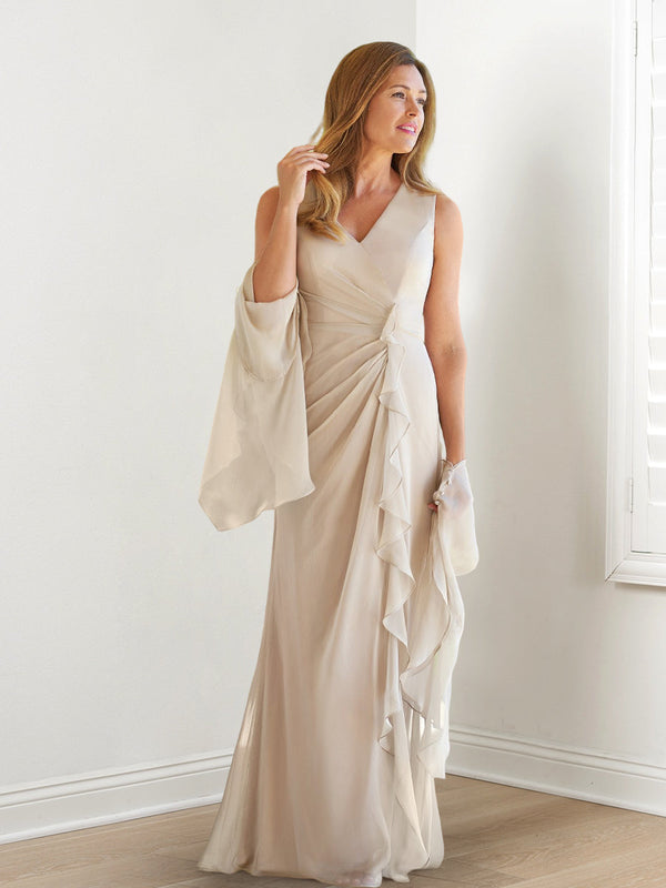 Sheath/Column V-Neck Sleeveless Floor-Length Mother Of The Bride Dresses With Wraps & Ruffles BabaMila