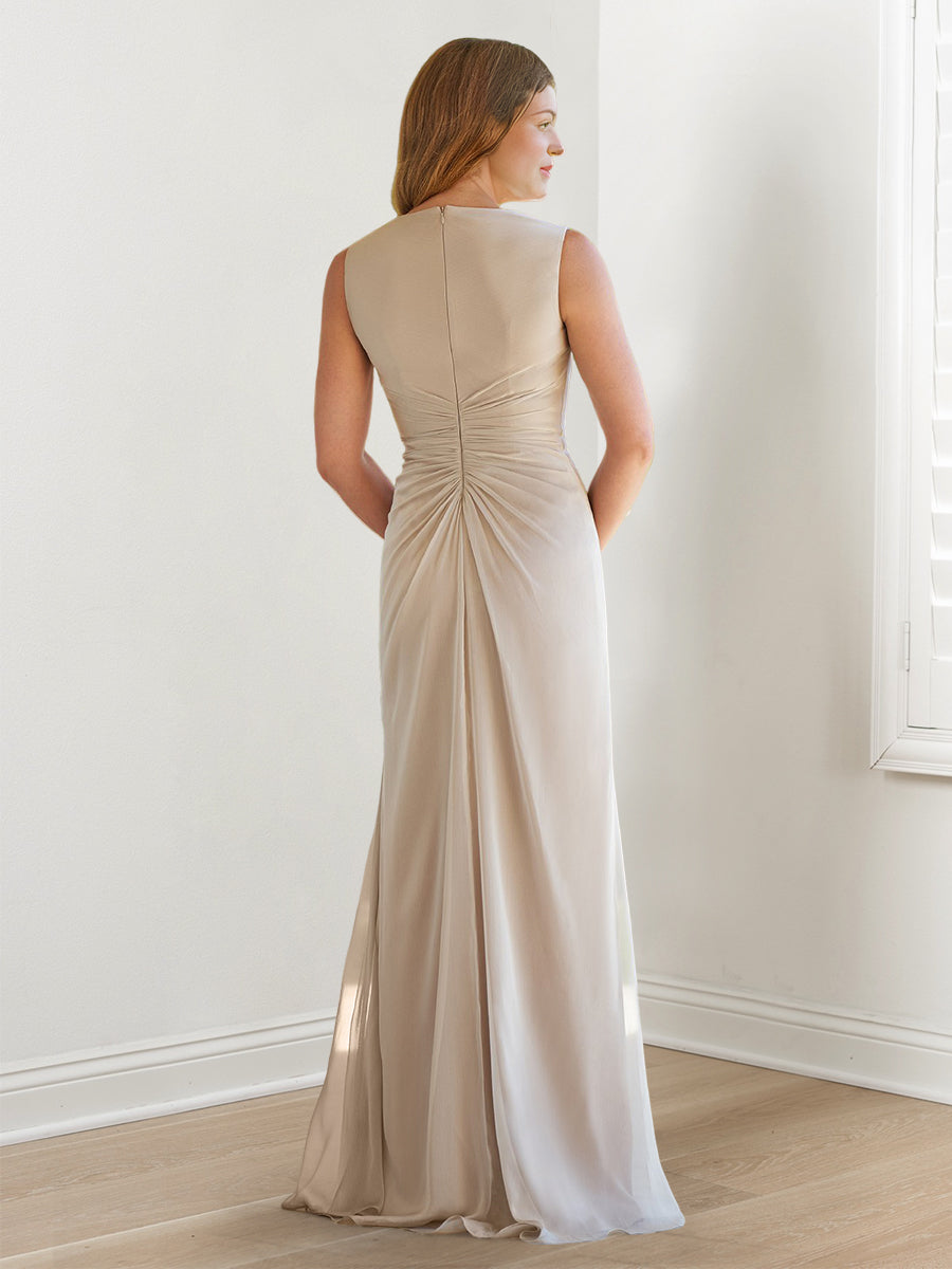 Sheath/Column V-Neck Sleeveless Floor-Length Mother Of The Bride Dresses With Wraps & Ruffles BabaMila