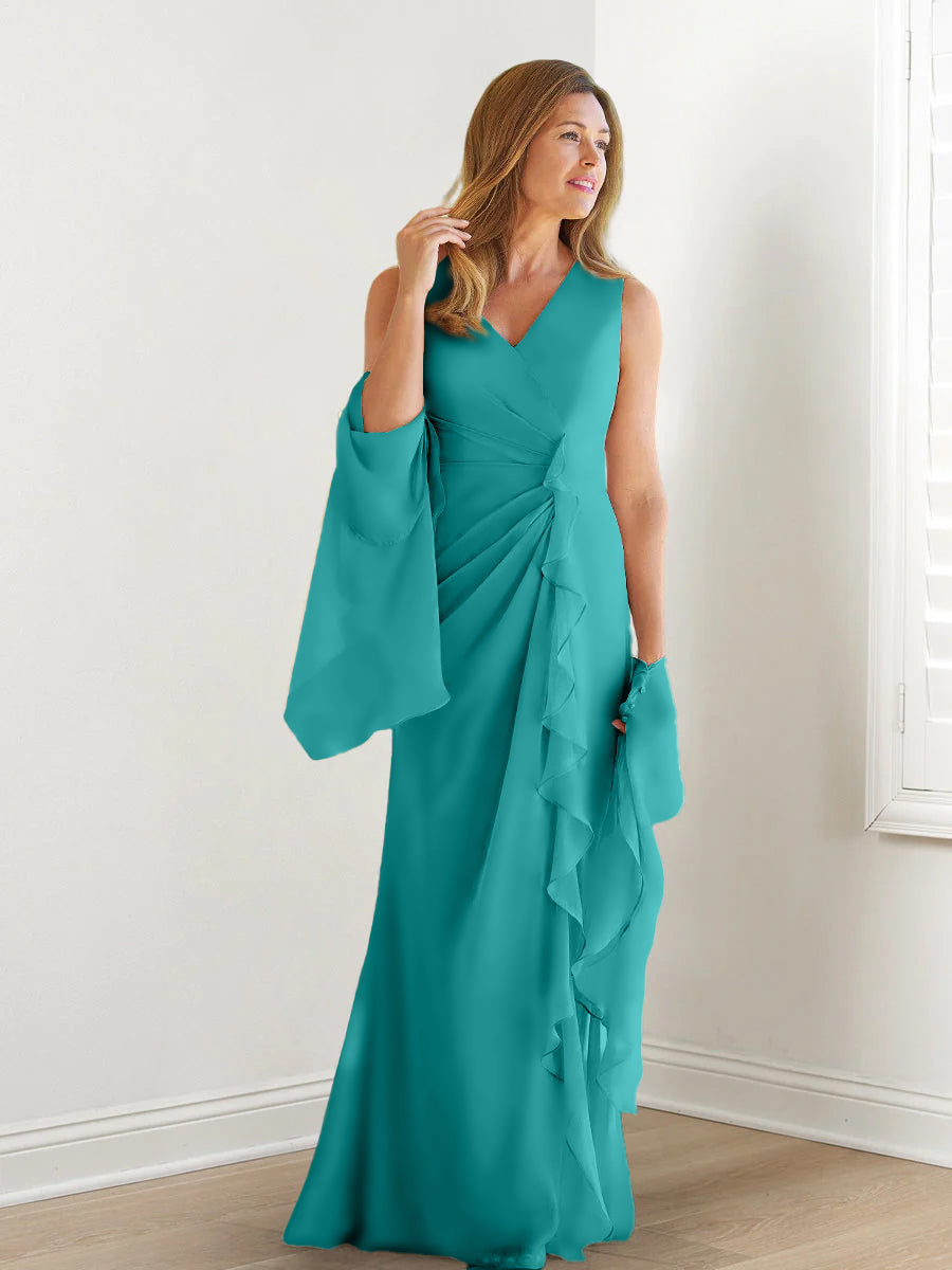 Sheath/Column V-Neck Sleeveless Floor-Length Mother Of The Bride Dresses With Wraps & Ruffles BabaMila