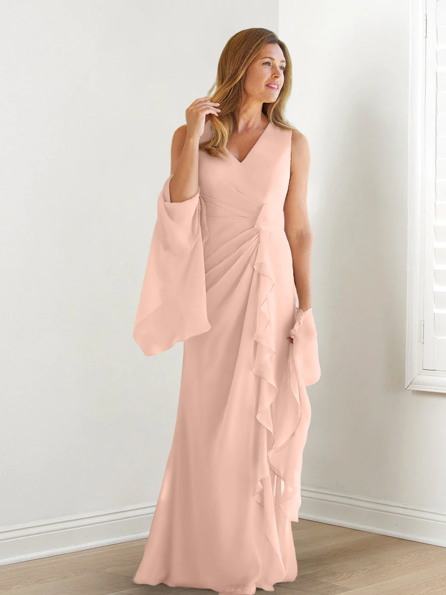 Sheath/Column V-Neck Sleeveless Floor-Length Mother Of The Bride Dresses With Wraps & Ruffles BabaMila