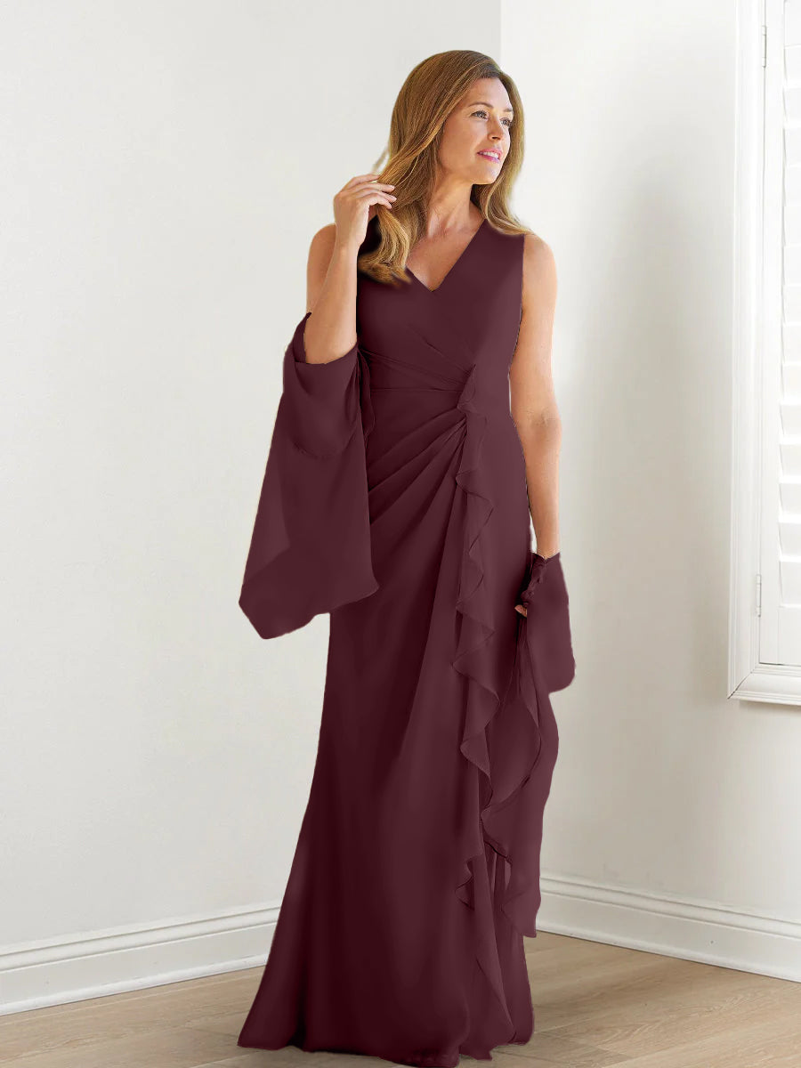 Sheath/Column V-Neck Sleeveless Floor-Length Mother Of The Bride Dresses With Wraps & Ruffles BabaMila