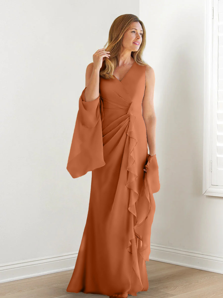 Sheath/Column V-Neck Sleeveless Floor-Length Mother Of The Bride Dresses With Wraps & Ruffles BabaMila