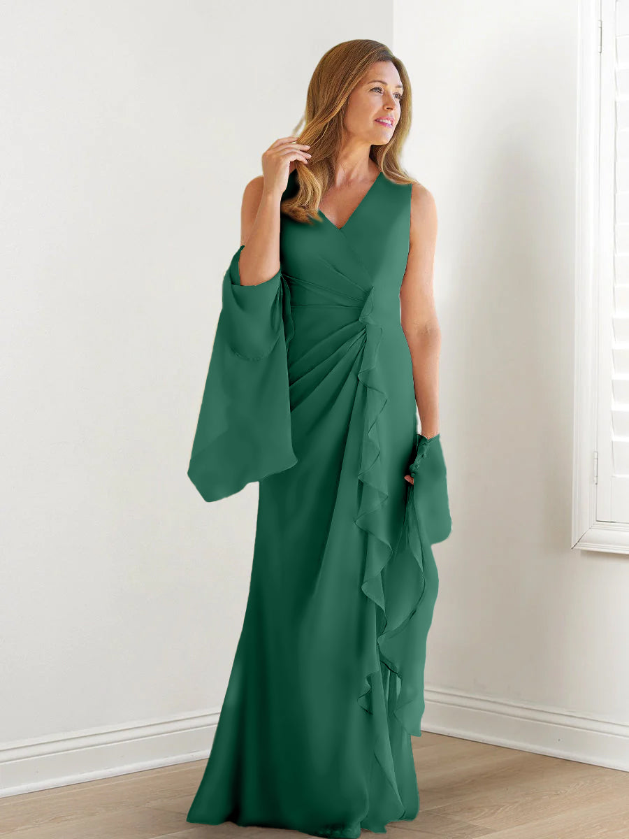 Sheath/Column V-Neck Sleeveless Floor-Length Mother Of The Bride Dresses With Wraps & Ruffles BabaMila