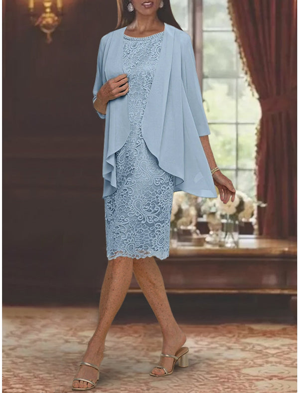 Sheath/Column Jewel Neck Tea-Length Mother Of The Bride Dresses BabaMila