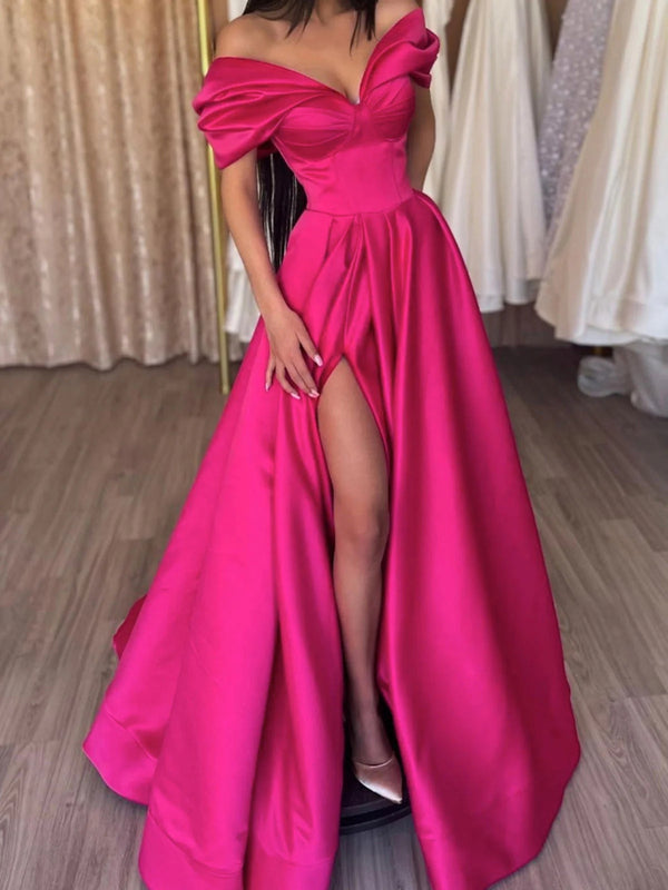 A-Line/Princess Off-the-Shoulder Evening Dresses Satin Prom Party Dress With Split Side BabaMila