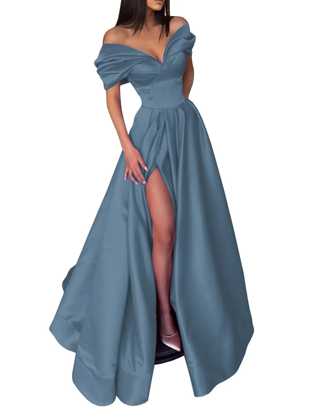 A-Line/Princess Off-the-Shoulder Evening Dresses Satin Prom Party Dress With Split Side BabaMila
