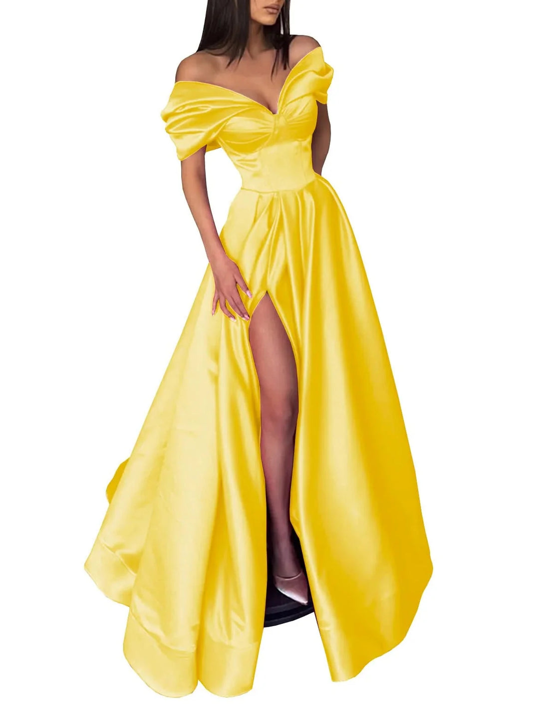 A-Line/Princess Off-the-Shoulder Evening Dresses Satin Prom Party Dress With Split Side BabaMila