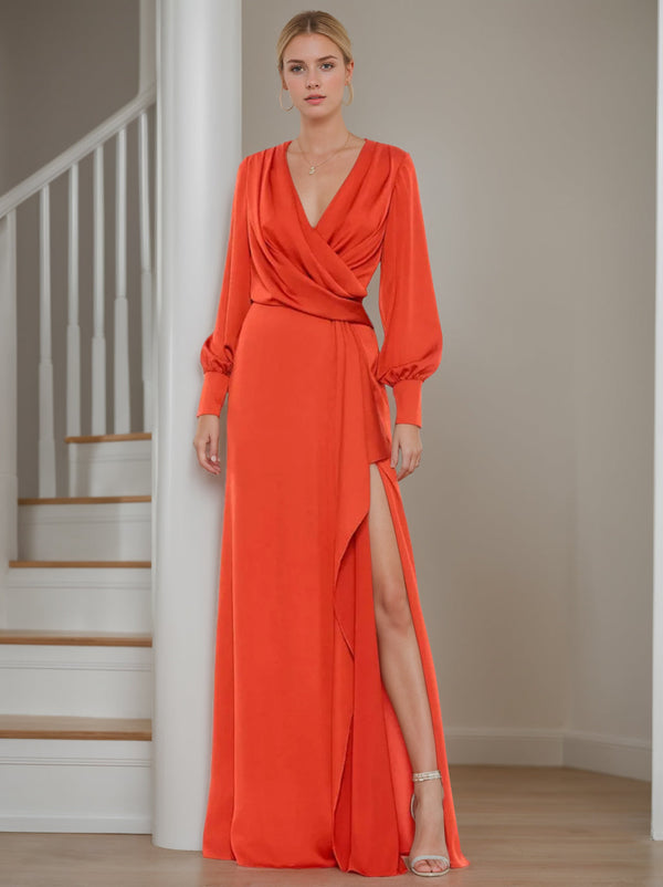 A-Line/Princess V-Neck Long Sleeves Floor-Length Mother Of The Bride Dresses With Ruffles BabaMila