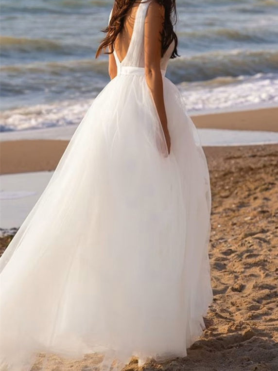 A-Line/Princess Deep V-Neck Floor-Length Tulle Wedding Dress BabaMila