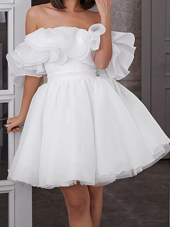 A-Line/Princess Off-The-Shoulder Short Wedding Dress With Cascading Ruffles BabaMila