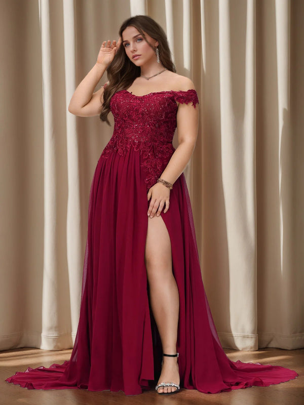 A-Line/Princess Off-the-Shoulder Sleeveless Lace Chiffon Plus Size Prom Dresses with Sequins BabaMila