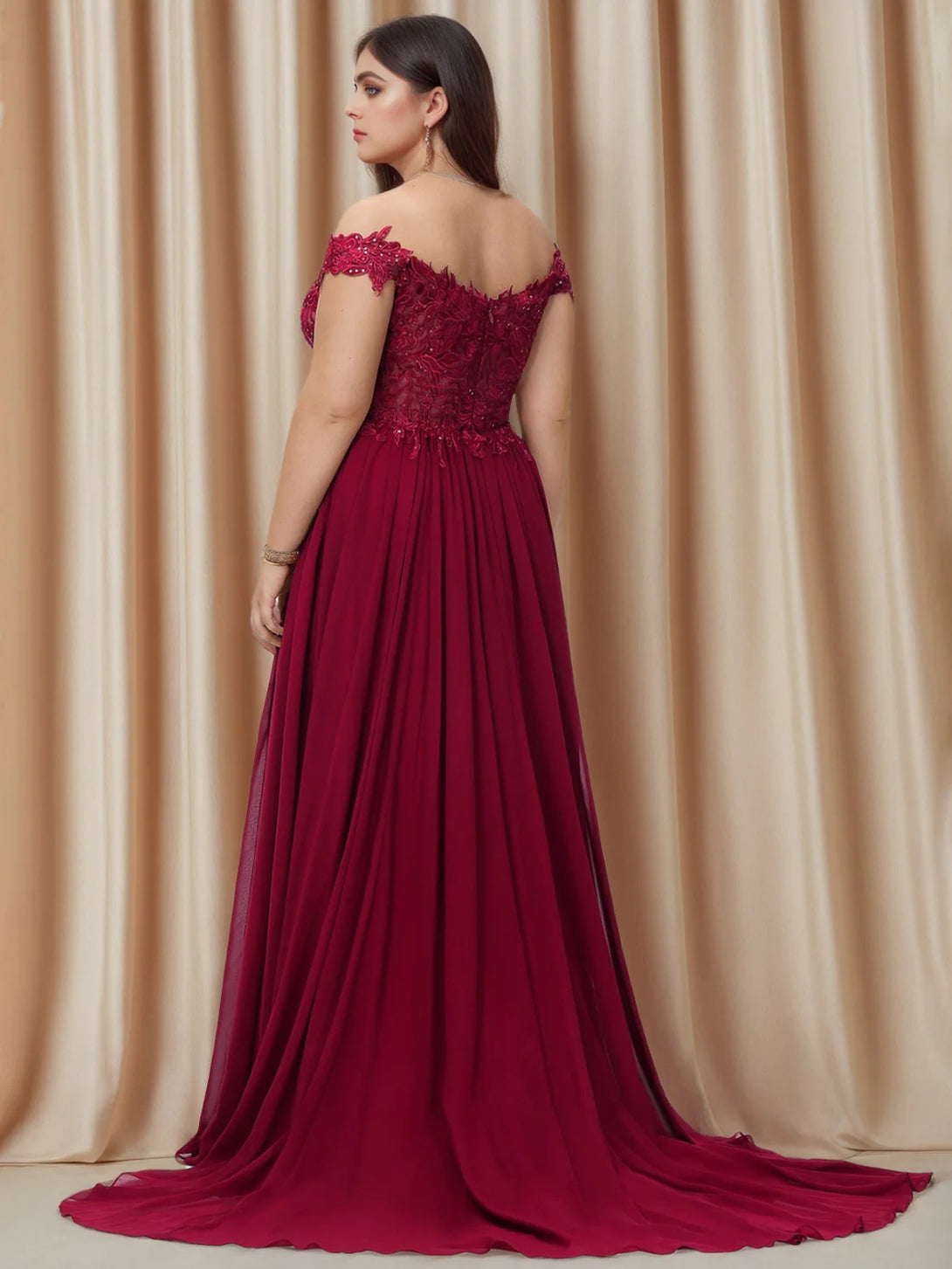 A-Line/Princess Off-the-Shoulder Sleeveless Lace Chiffon Plus Size Prom Dresses with Sequins BabaMila