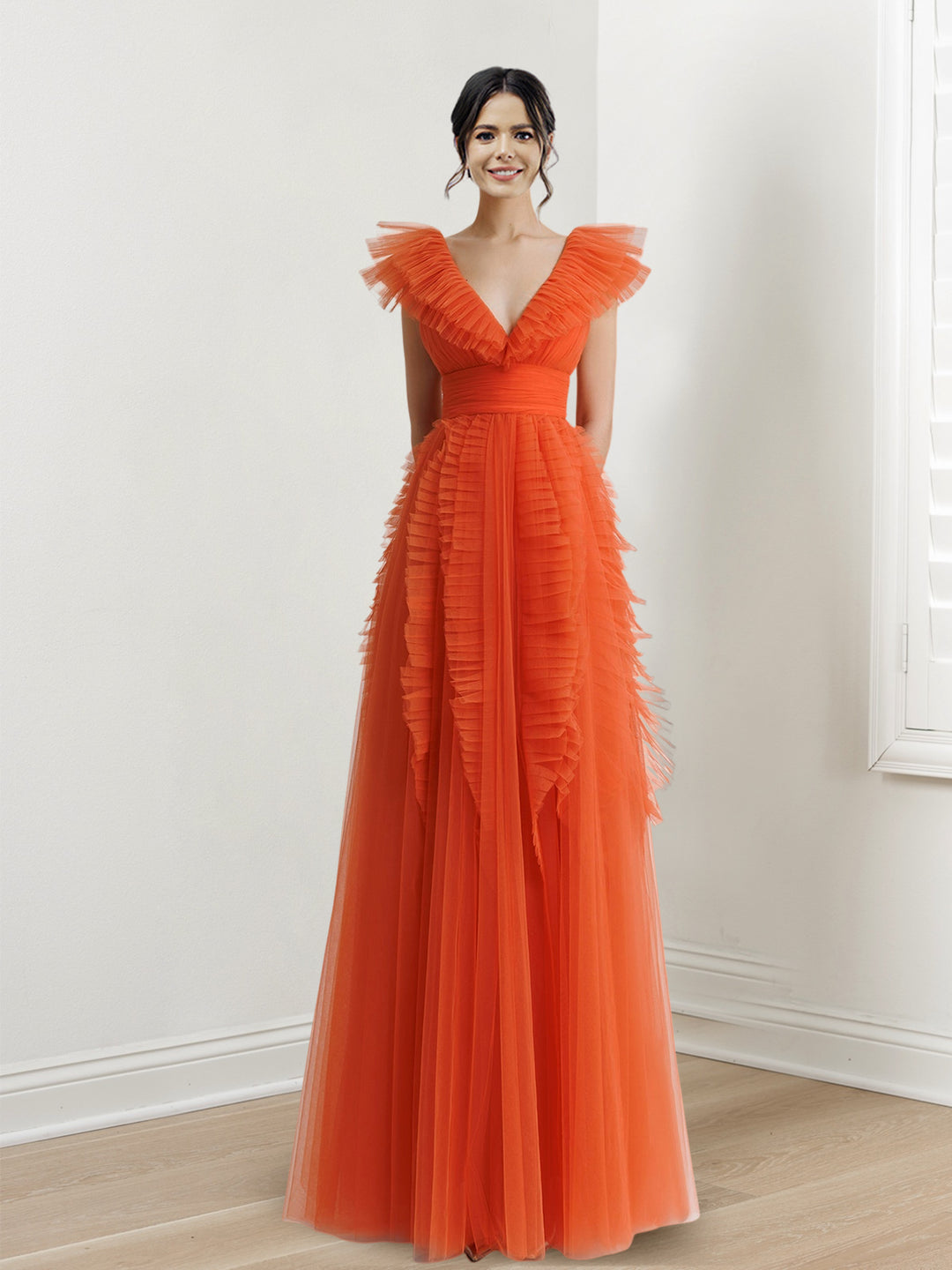 A-Line/Princess V-Neck Flutter Straps Floor-length Long Prom Dresses Whit Ruffled/Pleated BabaMila