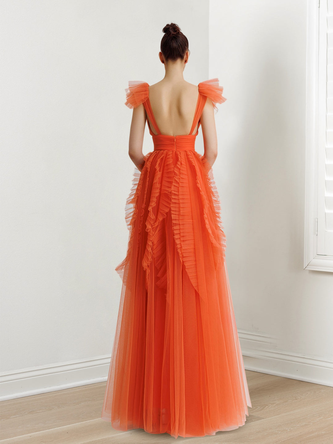 A-Line/Princess V-Neck Flutter Straps Floor-length Long Prom Dresses Whit Ruffled/Pleated BabaMila