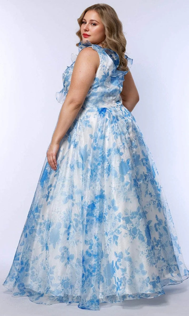 A-Line/Princess V-Neck Sleeveless Printed Floral Plus Size Prom Dresses with Ruffles BabaMila