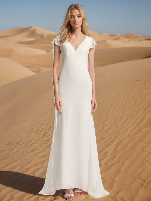 A-Line/Princess V-Neck Short Sleeves Floor-length Wedding Dress BabaMila