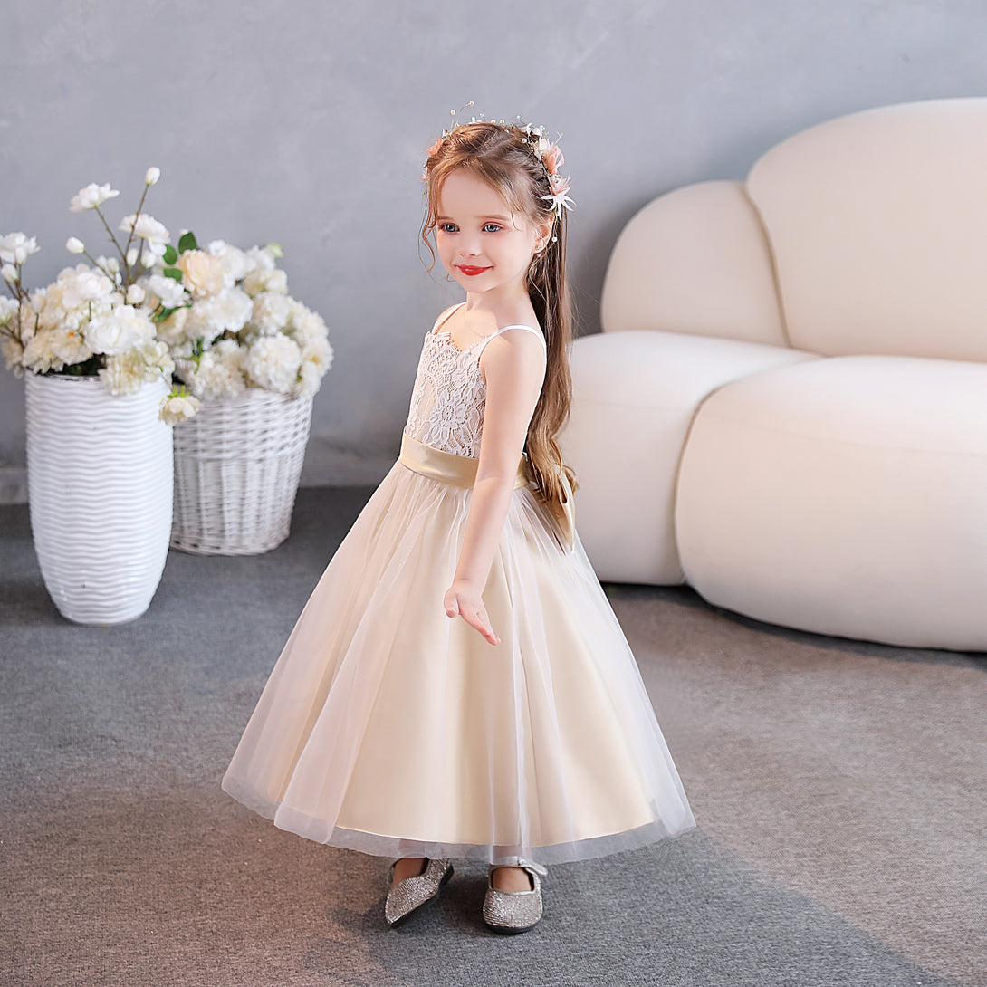 Girls Birthday Dresses Square Neck Spaghetti Straps Lace/Tulle/Satin Tea-Length Flower Girl Dresses/Party Dresses With Belt/Bow Gidiondress as picture 12M