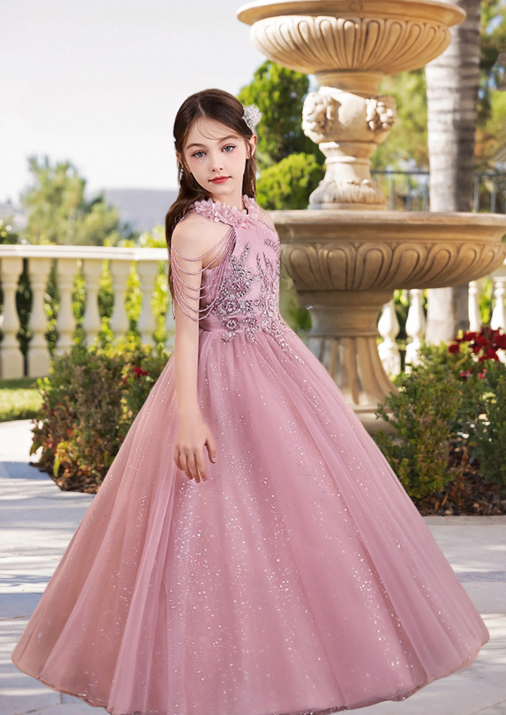 Halter Cold Shoulder Floor-Length Elegant Satin/Tulle Girls Birthday Dresses With Appliques/Beads/3D Flower Girls Gidiondress