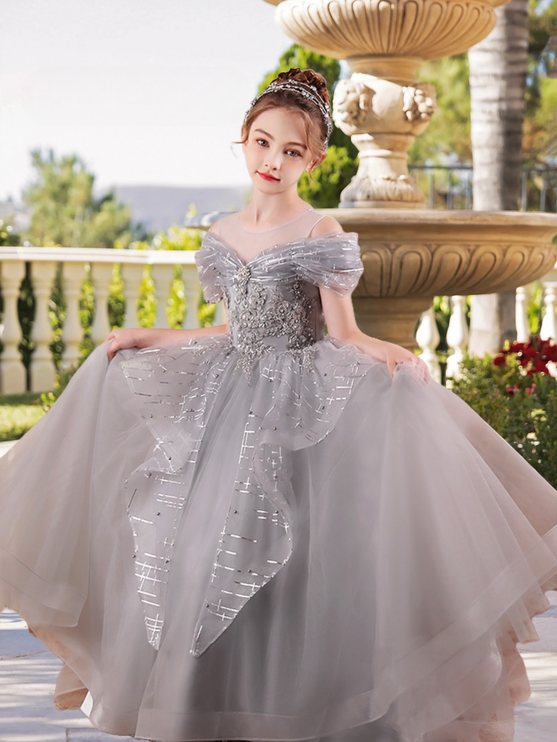 Scoop Neck Cold Shoulder Floor-Length Elegant Printed Tulle/Tulle Girls Birthday Dresses With Appliques/Beads Girls Gidiondress