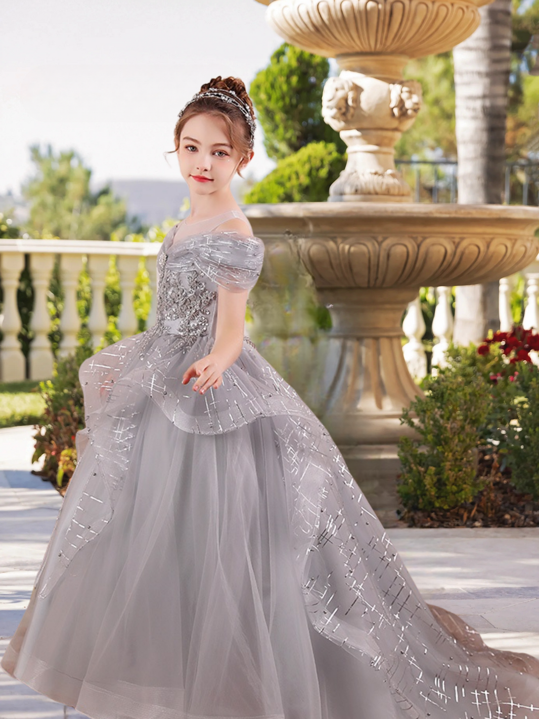 Scoop Neck Cold Shoulder Floor-Length Elegant Printed Tulle/Tulle Girls Birthday Dresses With Appliques/Beads Girls Gidiondress