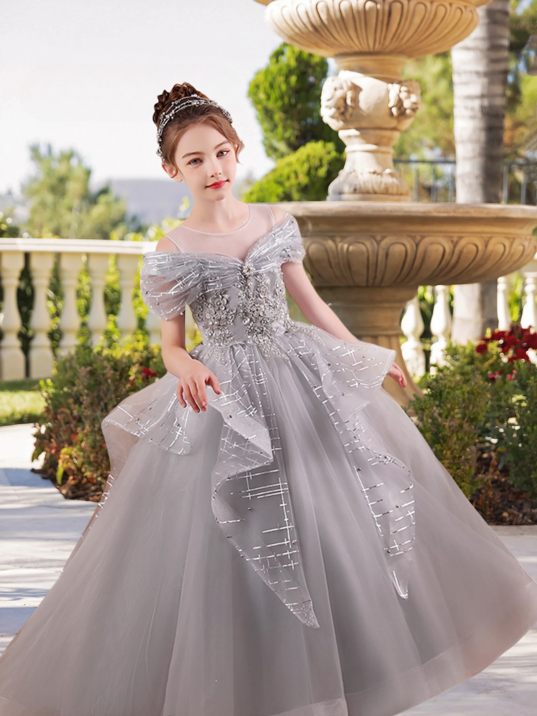 Scoop Neck Cold Shoulder Floor-Length Elegant Printed Tulle/Tulle Girls Birthday Dresses With Appliques/Beads Girls Gidiondress