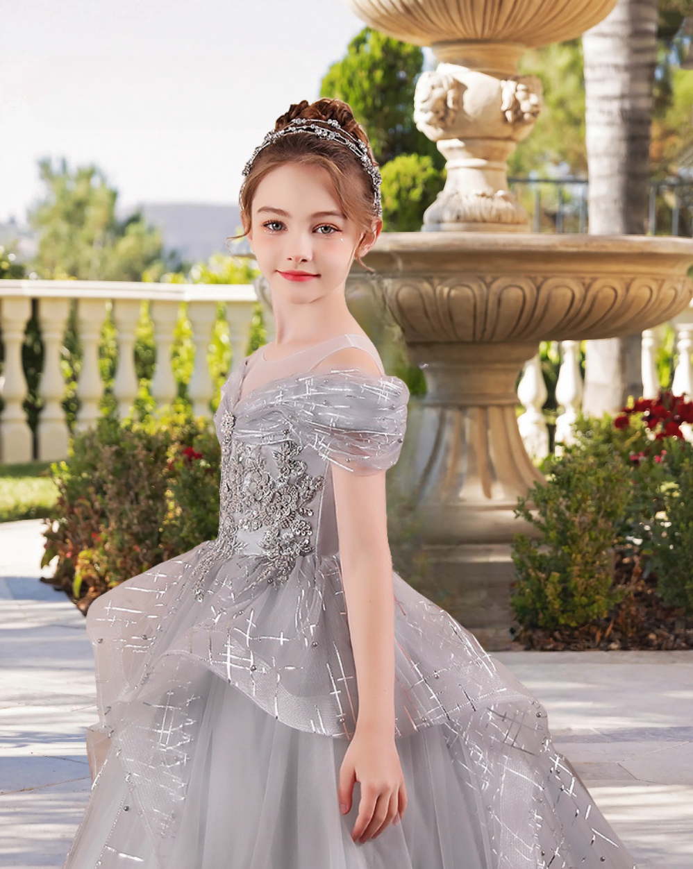 Scoop Neck Cold Shoulder Floor-Length Elegant Printed Tulle/Tulle Girls Birthday Dresses With Appliques/Beads Girls Gidiondress
