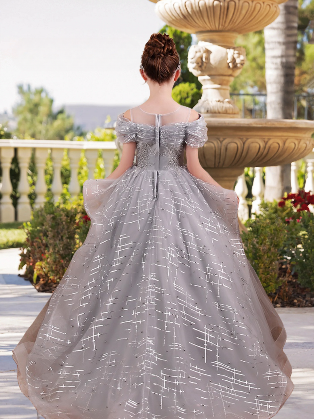 Scoop Neck Cold Shoulder Floor-Length Elegant Printed Tulle/Tulle Girls Birthday Dresses With Appliques/Beads Girls Gidiondress