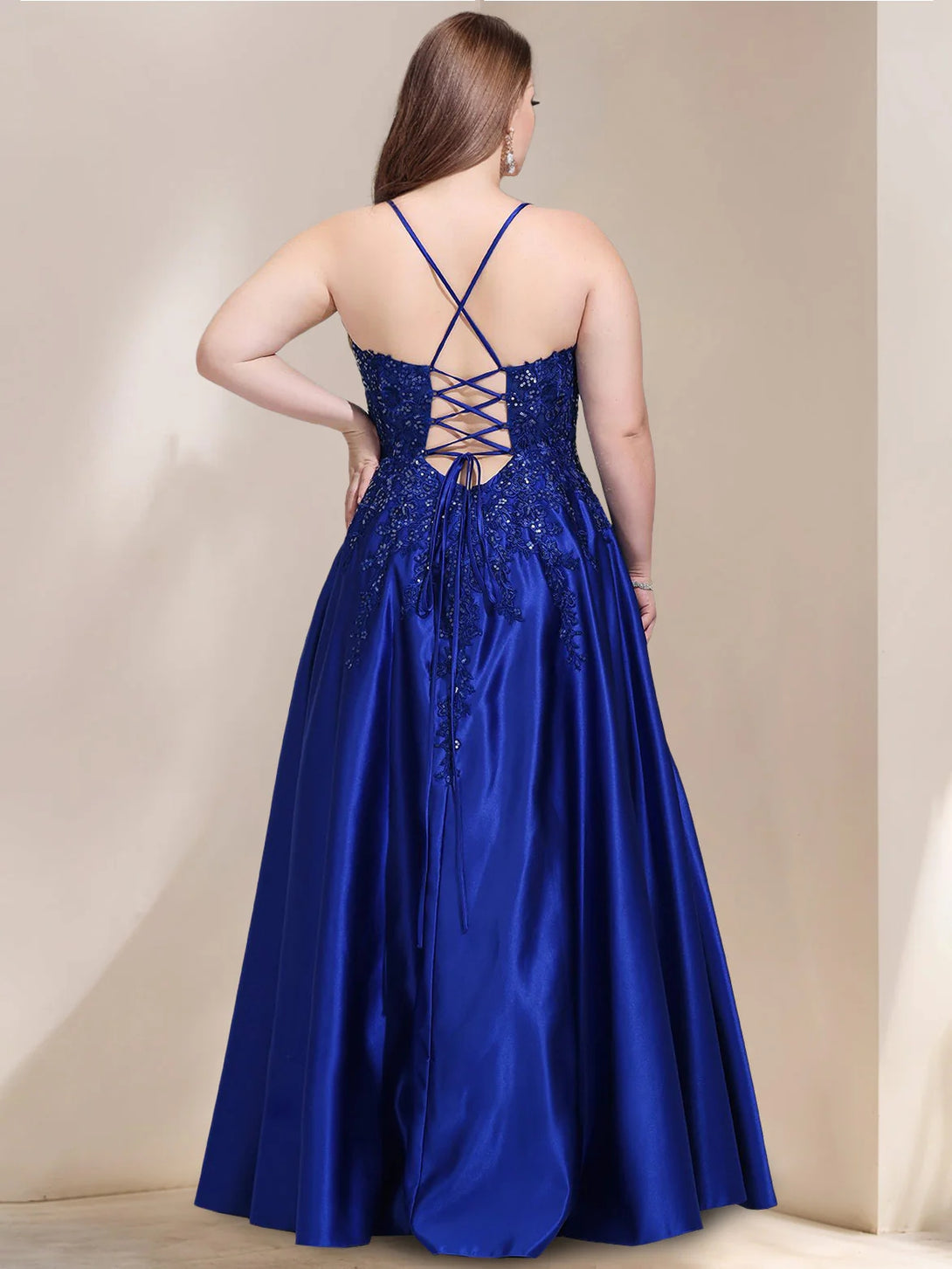 A-Line/Princess V-Neck Sleeveless Satin Lace Plus Size Prom Dresses With Sequins BabaMila