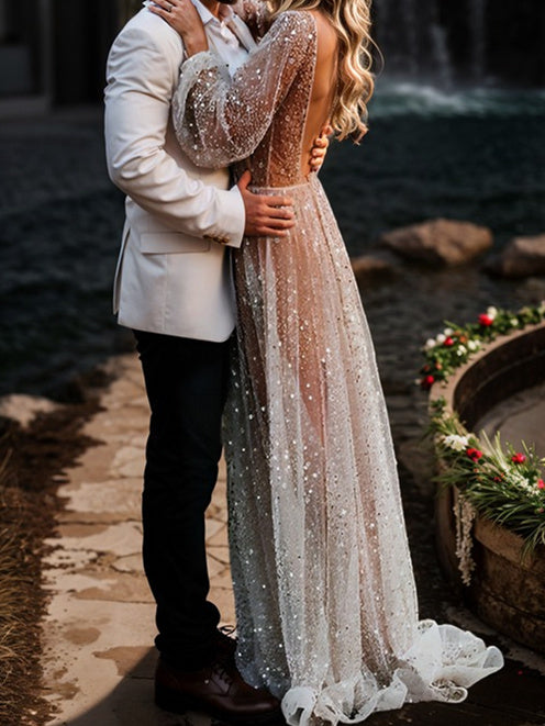 A-Line/Princess Sequined Tulle V-Neck Floor-Length Sequins Wedding Dress BabaMila