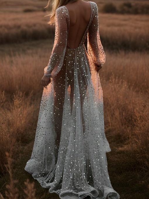 A-Line/Princess Sequined Tulle V-Neck Floor-Length Sequins Wedding Dress BabaMila