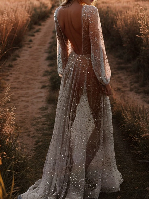A-Line/Princess Sequined Tulle V-Neck Floor-Length Sequins Wedding Dress BabaMila