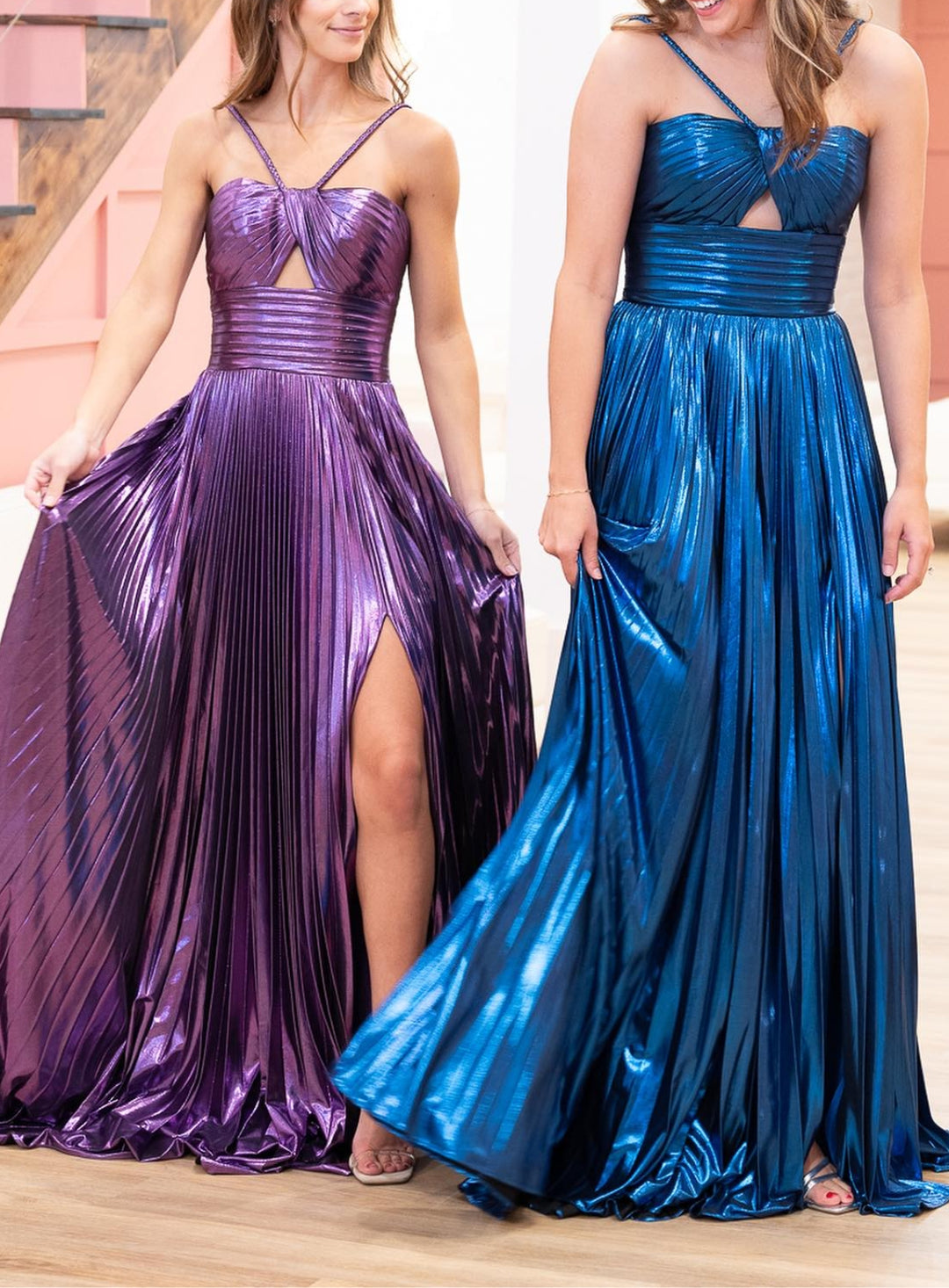 A-Line/Princess Spaghetti Straps Metallic Satin Floor-length Long Formal Evening Dresses with Split Side BabaMila