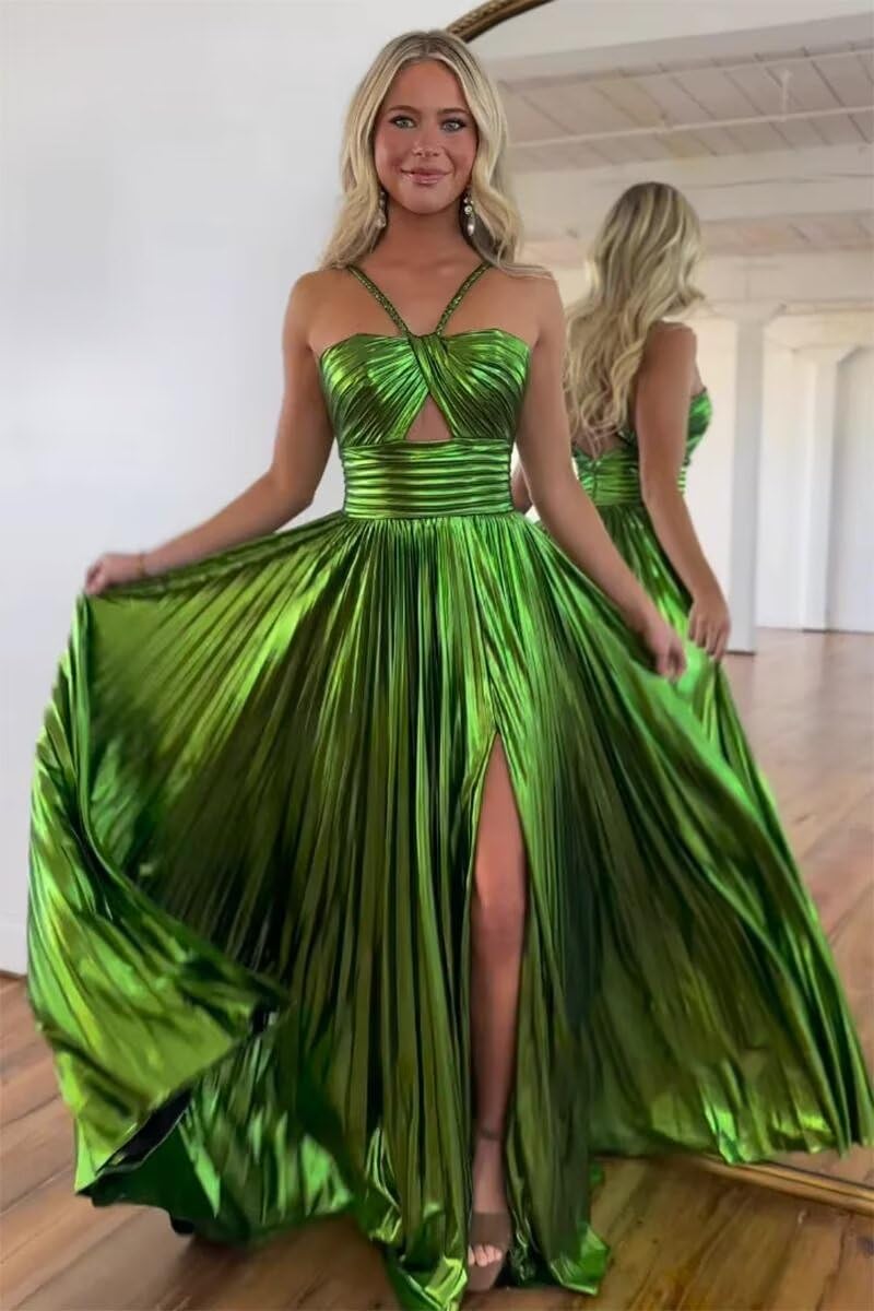 A-Line/Princess Spaghetti Straps Metallic Satin Floor-length Long Formal Evening Dresses with Split Side BabaMila