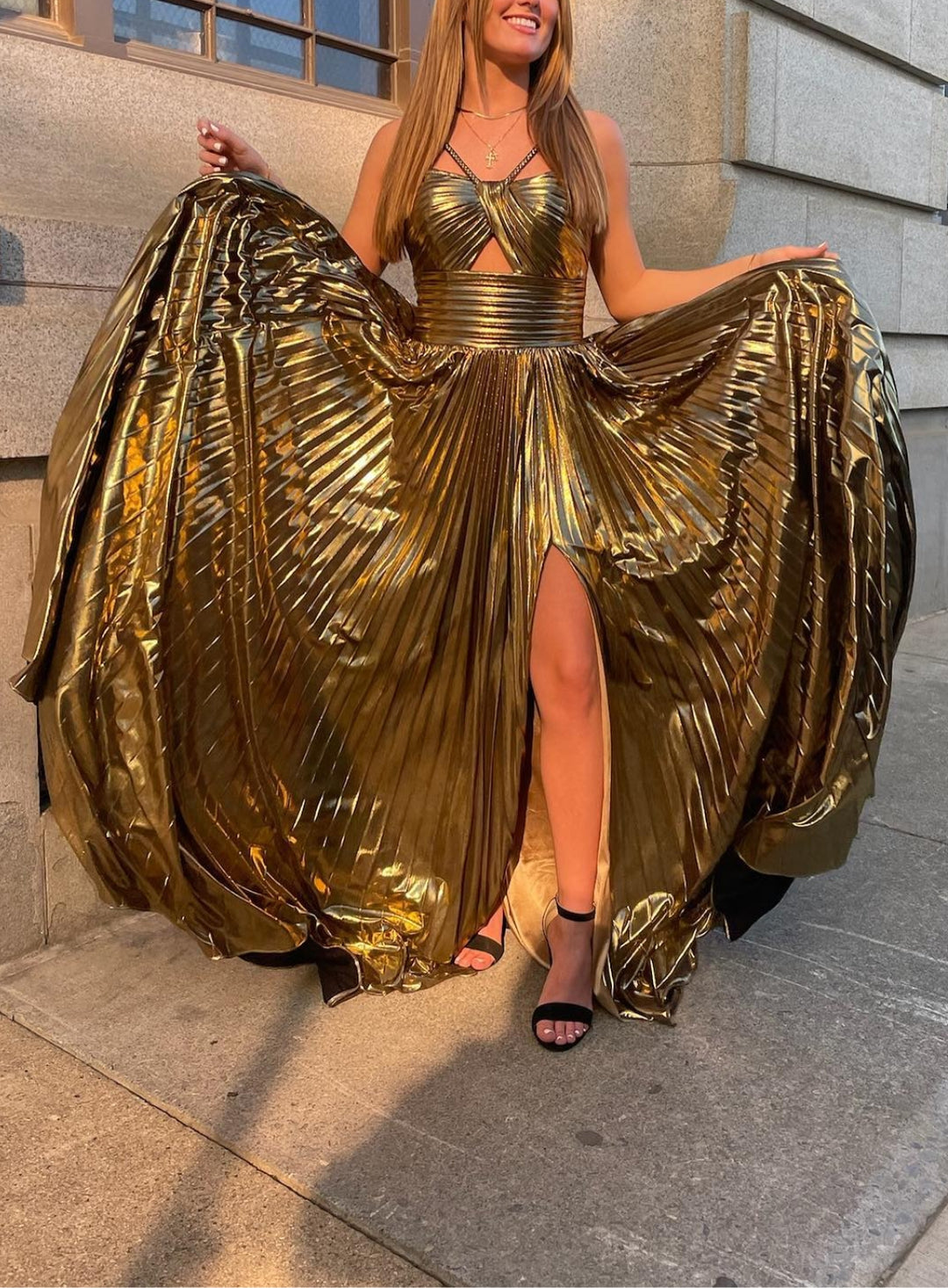 A-Line/Princess Spaghetti Straps Metallic Satin Floor-length Long Formal Evening Dresses with Split Side BabaMila