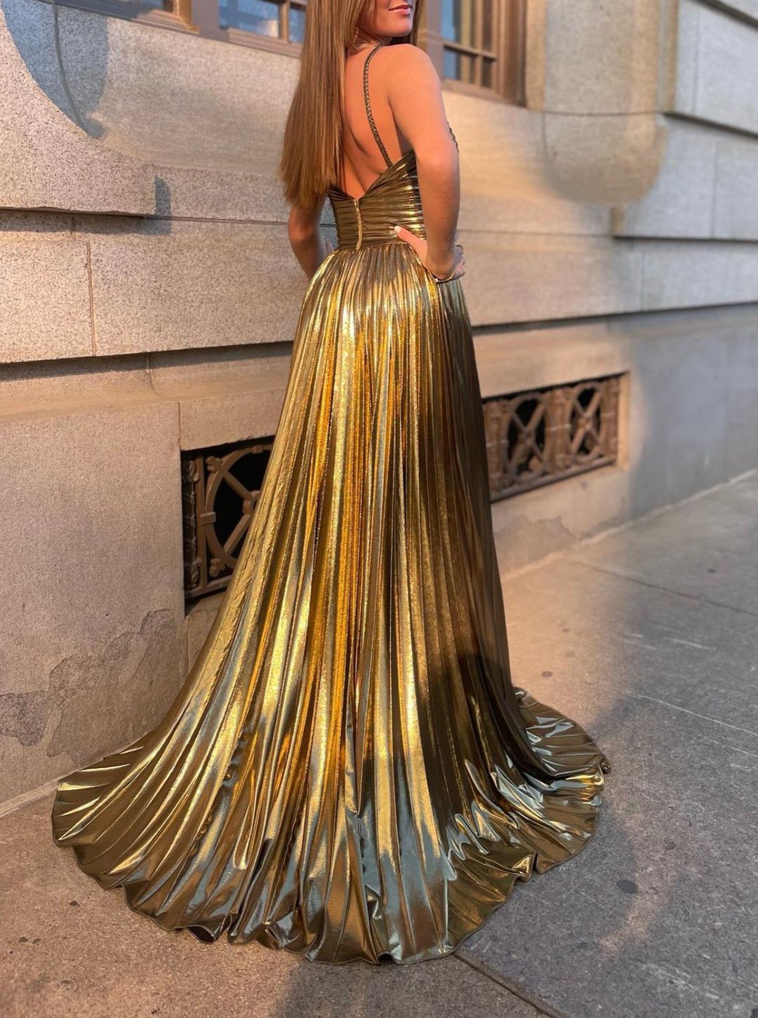 A-Line/Princess Spaghetti Straps Metallic Satin Floor-length Long Formal Evening Dresses with Split Side BabaMila