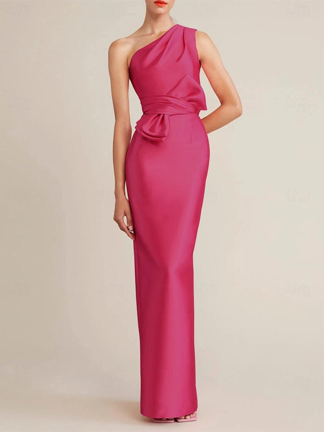 Sheath/Column Floor Length Sleeveless One Shoulder Wedding Guest Dresses Satin With Bow(S) Pocket BabaMila