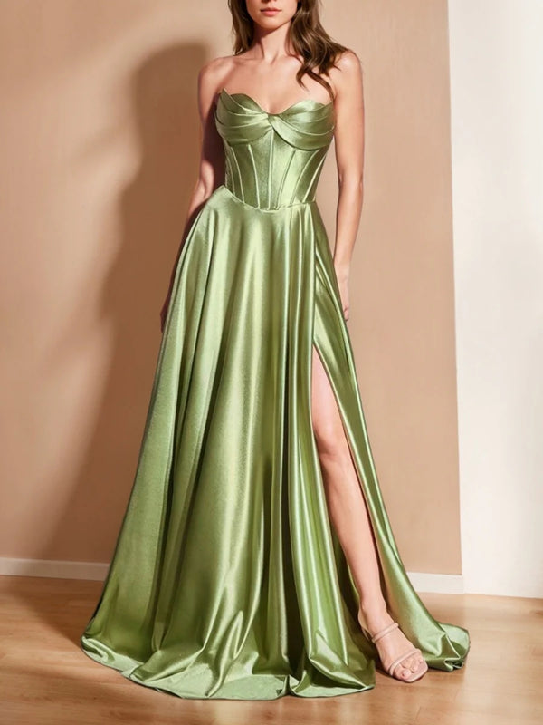 A-Line/Princess Strapless Sweetheart Sleeveless Prom Dresses with Ruffle & Split Front BabaMila