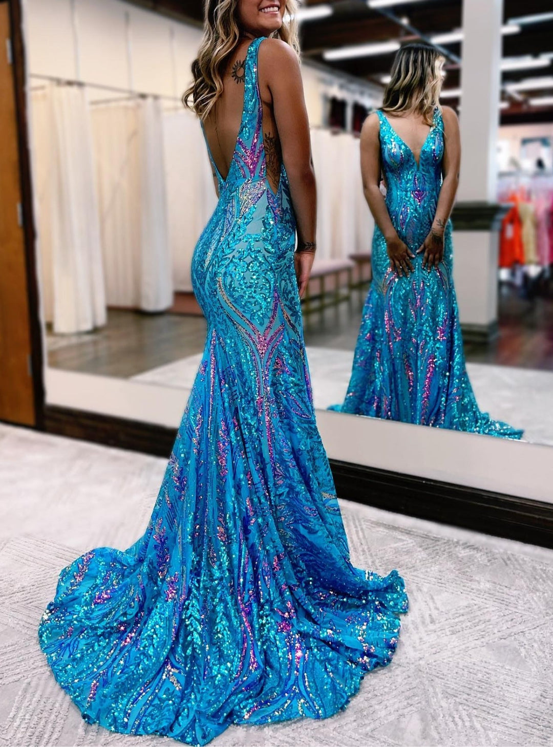 Purple Trumpet/Mermaid V-Neck Sleeveless Floor-length Long Prom Dresses with Sequins BabaMila