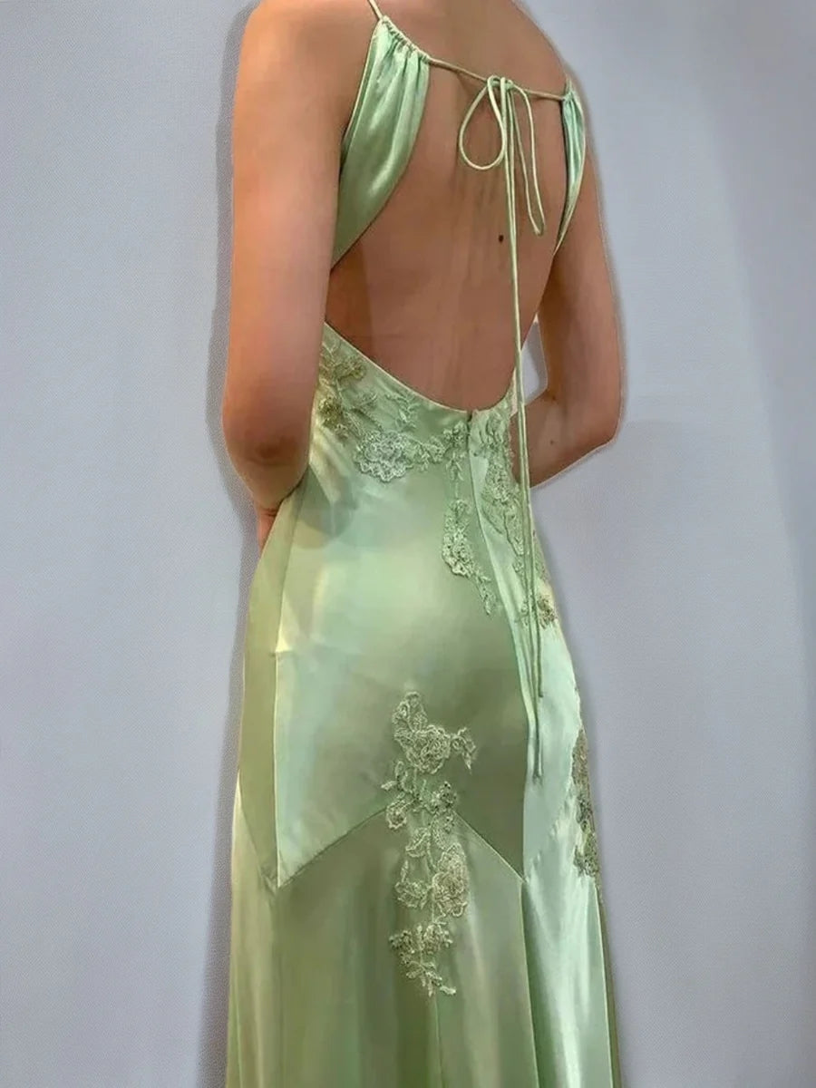 Sheath/Column Spaghetti Straps Backless Sleeveless Prom Dresses with Appliques & Self-tie BabaMila