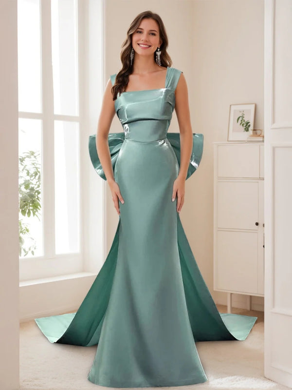 Sheath/Column Square Neckline Floor-Length Prom Dresses with Bowknot & Watteau Train BabaMila