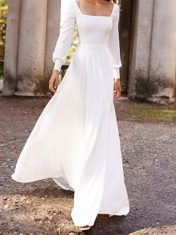 A-Line/Princess Square Neck Long Sleeve Floor-Length Wedding Dress BabaMila